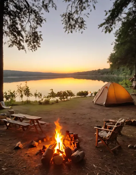 araffe camping next to a lake with a tent and fire, peaceful environment, camping, beautiful environment, at sunrise, campfire in background, barrel fires and tents, peaceful atmosphere, relaxing environment, setting in nature, warm beautiful scene, campsi...