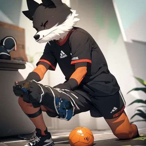 Fox furry, male, furry, Adidas soccer jersey, black Adidas soccer shorts, erected, erection pushing agaisnt shorts, penis, soccer shorts, Adidas