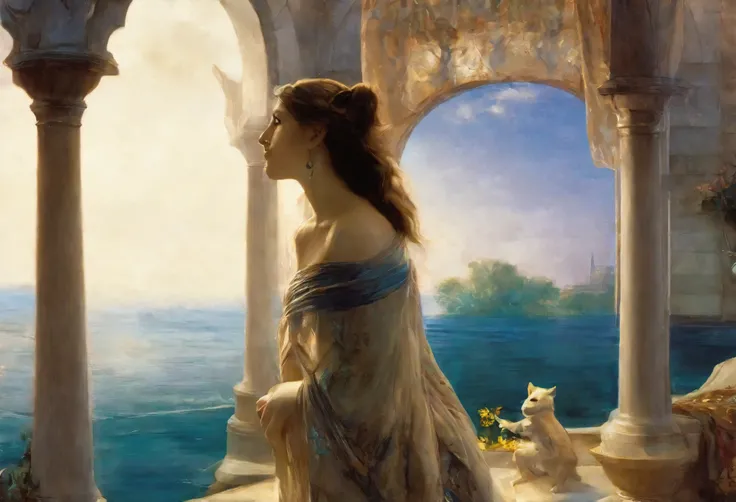 High-quality illustrations by John William Waterhouse, by Johannes Vermeer, wallpaper, summer, lake, dawn, forest, detailed forest, clouds, masterpiece, cinematic, soft light, depth of field, ray tracing, reflection in water, realism, ultra detailed, nymph...