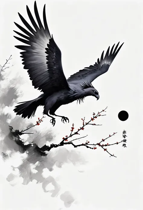 black hawk, white background, moon, simple, minimalism, regular angle,black and white painting