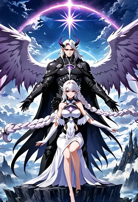 Death Demon,Dragon Island, Double braid girl,(White background:1.2)，Cartoon character with wings flying over woman in purple and white dress, Anime fantasy illustration, white hair deity, Fantasy style anime, Anime Fantasy Artwork, Anime Cover, Fantasy art...