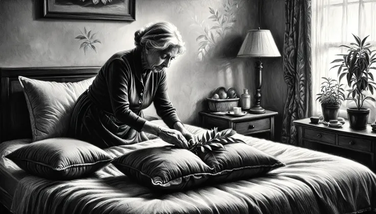 ((black and white charcoal drawing)), elderly woman in a bedroom placing bay leaf herbs under her pillow, black and white, breat...