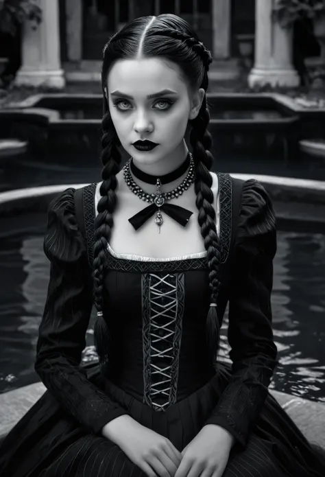 (best quality,4k,8k,highres,masterpiece:1.2),ultra-detailed,(((black and white style))),portrait of a gothic girl,Wednesday Addams, beautiful detailed eyes,beautiful detailed lips,extremely detailed face,braided long hairs,sitting inside a pool of cosmic e...