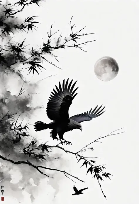 black hawk, white background, moon, simple, minimalism, regular angle,black and white painting