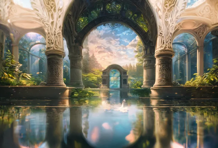 High-quality illustrations, wallpaper, summer, lake, dawn, forest, detailed forest, clouds, masterpiece, cinematic, soft light, depth of field, ray tracing, reflection in water, realism, ultra detailed, nymph, fairy, Mysterious and romantic atmosphere, lux...