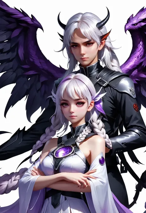 Death Demon,Dragon Island, Double braid girl,(White background:1.2)，Cartoon character with wings flying over woman in purple and white dress, Anime fantasy illustration, white hair deity, Fantasy style anime, Anime Fantasy Artwork, Anime Cover, Fantasy art...