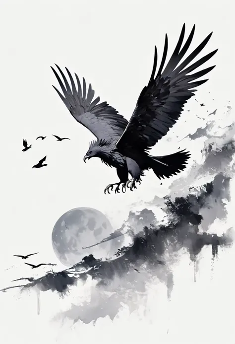 black hawk, white background, moon, simple, minimalism, regular angle,black and white painting