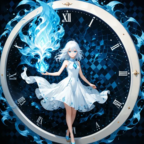 (argyle_background:1.3)，surrealist style,(depicting (((blue fire))) Elemental concept designed:1.2),(full_shot:1.2),space warp background,(clock_background:1.3),
BREAK
negative space composition,character design by liu ye,Nick Veasey,
BREAK
(long white hai...