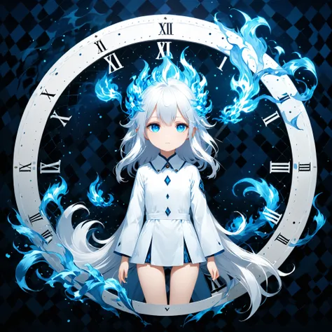 (argyle_background:1.3)，surrealist style,(depicting (((blue fire))) Elemental concept designed:1.2),(full_shot:1.2),space warp background,(clock_background:1.3),
BREAK
negative space composition,character design by liu ye,Nick Veasey,
BREAK
(long white hai...