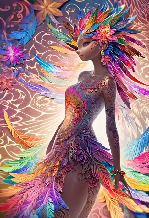 (masterpiece, top quality, best quality, official art, beautiful and aesthetic)(1girl)fractal art, colorful, flowers, zentangle, full body, abstract background, shiny skin, many colors, earrings, feathers,