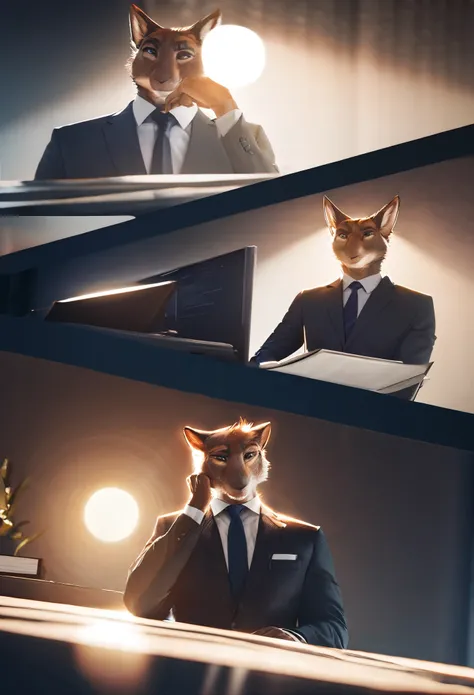 highres, top quality, best quality, paid reward available, High-quality illustrations, unparalleled masterpiece, businessman, suits, man sitting on chair, fully posable, neutral pose, thinking pose(furry anthro)absurdres, perfect anatomy, expression, caust...