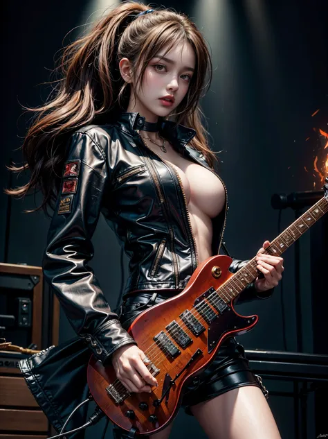 High quality, high resolution, masterpieces, real photos of the best live performances. Heavy metal, biker chick with chains and spikes, ferocious look, strong female rock star only focus, black leather, wearing black leather jacket and ripped jeans, dark ...