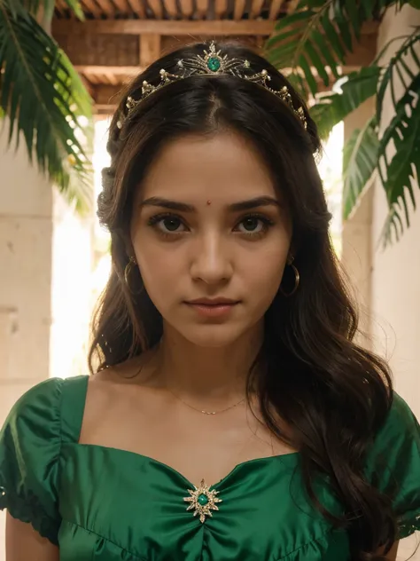 Uma linda princesa, cor de olhos verde esmeralda, cabelos lisos Loiro, nariz empinado, cor parda