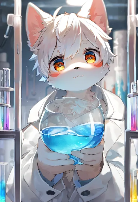 top quality, best quality, masterpiece, super high resolution, detailed background, good lighting((colorful water in test tube))laboratory, absurdres, perfect anatomy(handsome 1boy, kemono, solo focus, white coat, furry, anthro)(Furry body, dog facial feat...