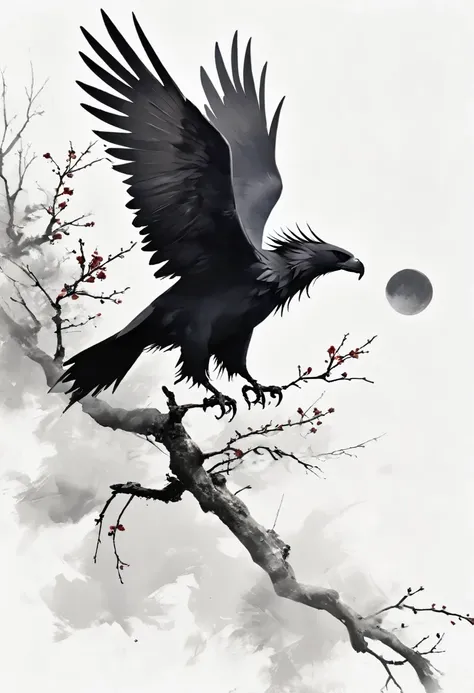 Black Hawk, White background, moon, simple, Minimalism, Regular angle,Black and white painting