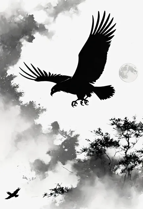 Black Hawk, White background, moon, simple, Minimalism, Regular angle,Black and white painting