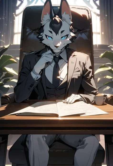 highres, top quality, best quality, paid reward available, High-quality illustrations, unparalleled masterpiece(1boy, kemono, suits, sitting on chair)neutral pose, thinking pose(furry anthro)absurdres, perfect anatomy, caustics, dynamic lighting, lens flar...