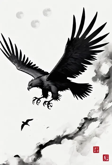 Black Hawk, White background, moon, simple, Minimalism, Regular angle,Black and white painting