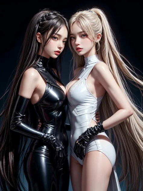 A fascinating photograph, two girls standing side by side shoulder to shoulder, white and black, opposites, long hair, a white girl in black latex, a black girl in white latex, their eyes look directly into the camera, radiant eyes. Hyper-detailing, detail...