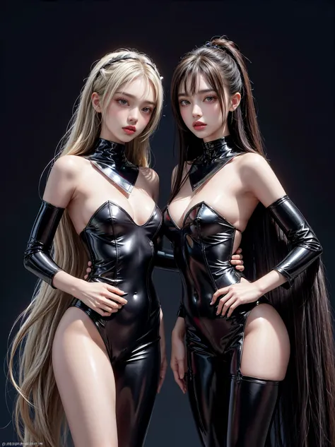 A fascinating photograph, two girls standing side by side shoulder to shoulder, white and black, opposites, long hair, a white girl in black latex, a black girl in white latex, their eyes look directly into the camera, radiant eyes. Hyper-detailing, detail...