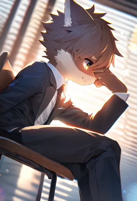 highres, top quality, best quality, paid reward available, High-quality illustrations, unparalleled masterpiece(1boy, kemono, suits, sitting on chair)neutral pose, thinking pose(furry anthro)absurdres, perfect anatomy, caustics, dynamic lighting, lens flar...