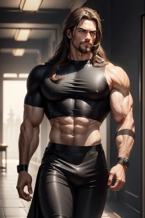 8k realistic image of handsome guy, Strongman, 25 years, Brown long hair, Brown eyes, Wearing a simple black top and black pants, He has a black bandage on his arm, annoyed expression, Walking in the wide corridors of the palace, anime style art