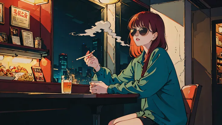 beautiful redhead asian girl sitting in a diner at night, visible from the window, perfect face, sunglasses, smoking white taylo...