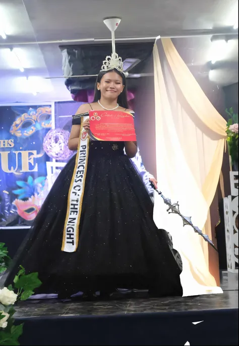 arafed woman in a black dress and a crown on a stage, 1 st winner, full dress, winner, with crown, crown and gown, black gown, nigth, queen of the night, she is about 1 6 years old, hight decorated, by :5, captured on canon eos r 6, with scepter and crown,...