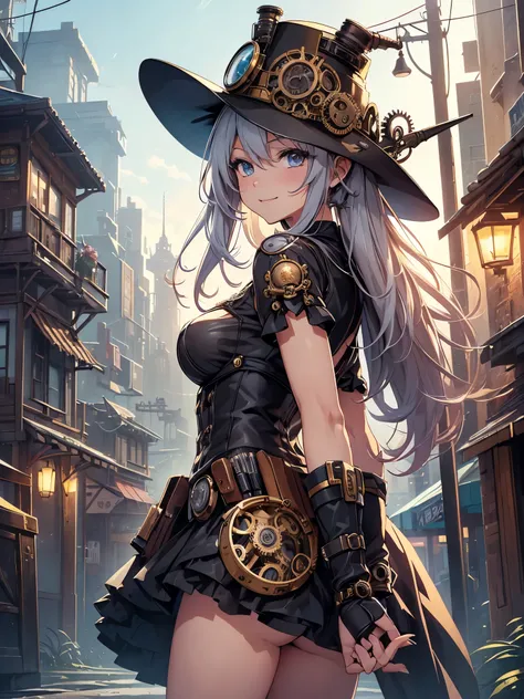 (Line art_anime),(Cowboy Shot,Low Angle, highest quality, ),(Laura Budd Photos:1.2),(Laura Add details:1.0),8k, Flat Color:0.8,1 girl,smile,(Highly decorative and complex mechanical steampunk fashion, Lace flare dolphin hat、goggleusket_Hold a pistol in you...