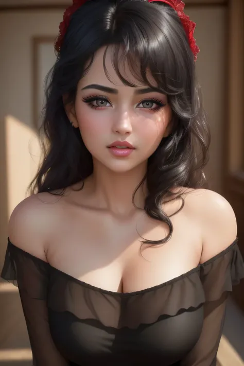 (best quality,4k,8k,highres,masterpiece:1.2),ultra-detailed,(realistic,photorealistic,photo-realistic:1.37),portraits,black hair,sexy woman, seductive eyes,intense gaze, parted mouth,deep blush,flustered,beautiful face,amazing makeup,off shoulder t shirt