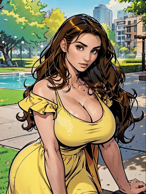 Gorgeous and sultry busty athletic brunette with sharp facial features and a (large nose) and (huge boobs) wearing a yellow sundress, skindentation, cleavage, city park