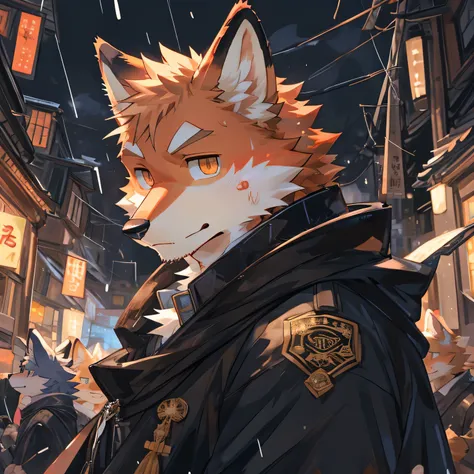 masterpiece，high quality，perfect anatomy，furry，anthro fox，white and red fur，male， niji5，brown pupils，bright eyes，in the rain，detailed face，by kiyosan，close up face