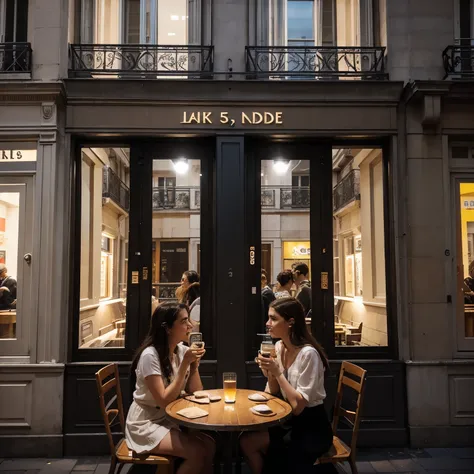 The facade of a 3 floors building in Paris at NIGHT, there are balconies and a brightly lit cafe on the first floor, on the street there are tables and a couple is talking, High quality photo, 50mm, cinematic, kodak portra 400.