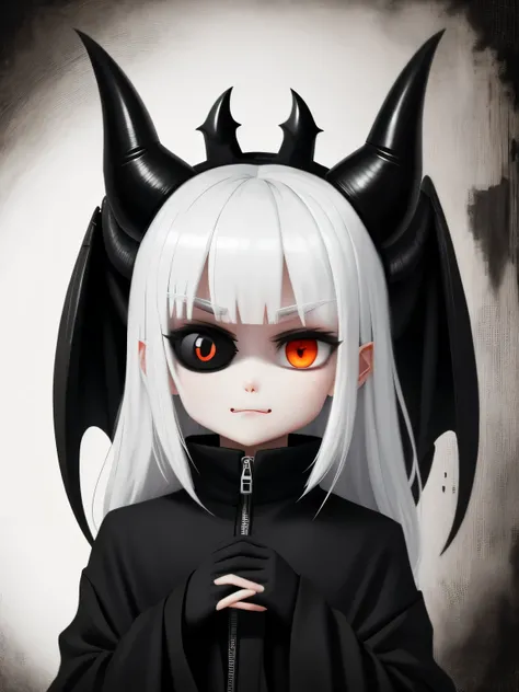 a demon with a huge head, slender body, a single eye, body covered in black cloth like rags, elongated fingers, extremely large mouth with sharp white fangs, two small horns on the head and small wings next to them, one-eyed evil gaze alone, hellish bottom...