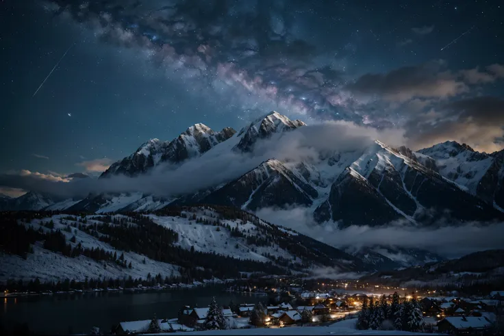 background, lots of high mountains, lots of clouds, winter sky, seeing constellations, galaxy, milky way, beautiful winter night...