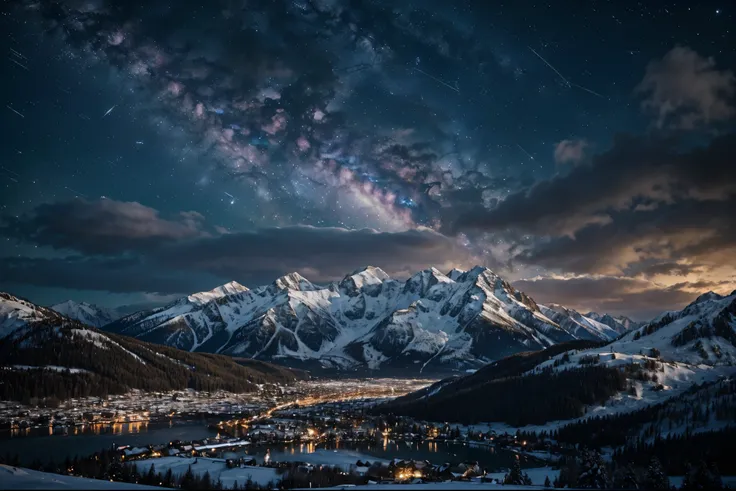 background, lots of high mountains, lots of clouds, winter sky, seeing constellations, galaxy, milky way, beautiful winter night...