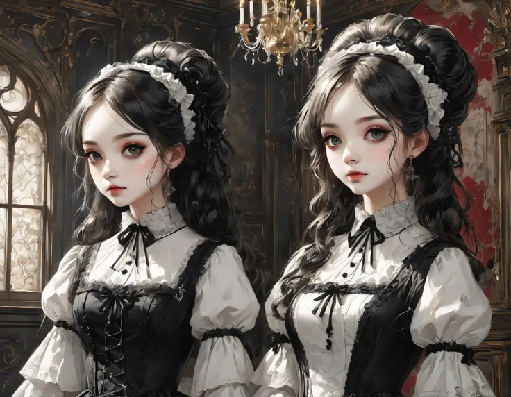 gothic horror paintings,((two beautiful girls standing:symmetric:gothic lolita:12 years old:ephemeral:((two beautiful girls)):cu...