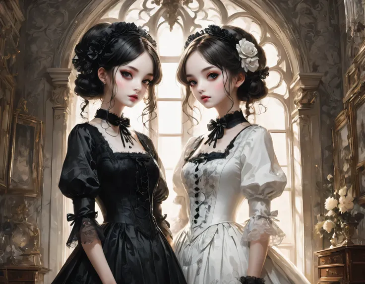 gothic horror paintings,((two beautiful girls standing:symmetric:gothic lolita:12 years old:ephemeral:((two beautiful girls)):cu...