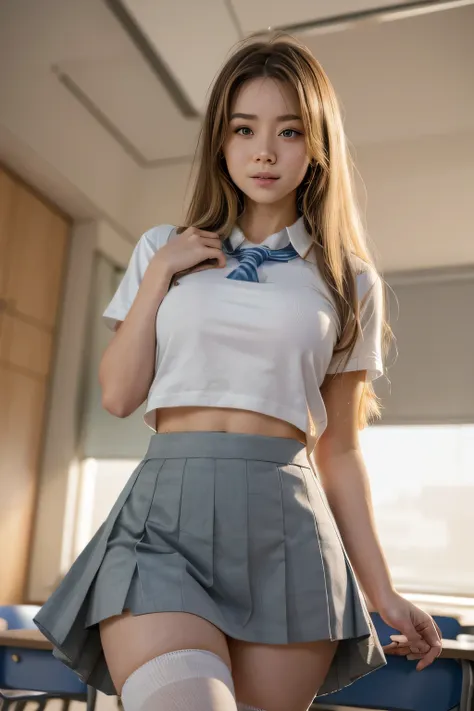 arafed woman in a skirt posing in a classroom, cute , a hyperrealistic , hyperrealistic , realistic , school girl, dressed as , ...