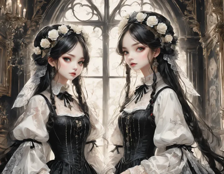 gothic horror paintings,((two beautiful girls standing:symmetric:gothic lolita:12 years old:ephemeral:((two beautiful girls)):cu...