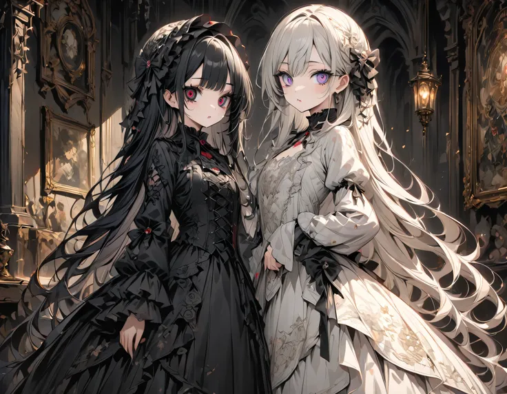 gothic horror paintings,((two beautiful girls standing:symmetric:gothic lolita:12 years old:ephemeral:((two beautiful girls)):cu...