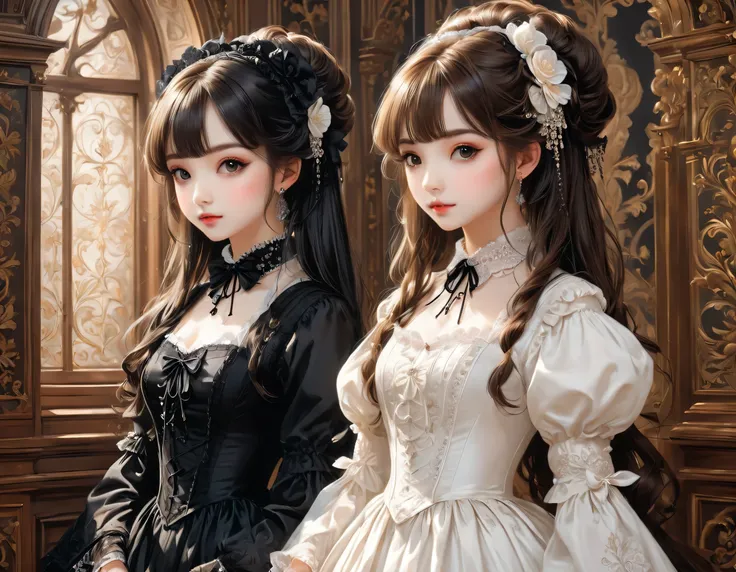 gothic horror paintings,((two beautiful girls standing:symmetric:gothic lolita:12 years old:ephemeral:((two beautiful girls)):cu...