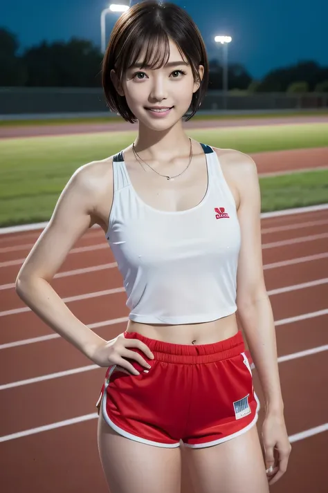 The beauty of 8K raw photos:2.0, Japanese woman, short hair, beautiful face and dark eyes, looking down, looking at the viewer:1.5, big smile, wet hair, tiny top, put hands on the hip, (tank top, red shorts:1.2), shinny skin, realistic:1.9, very detailed, ...