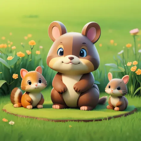 a little bear looking at a puppy in the distance、kitten、bunny、little squirrel 4 small animals picnicking on the grass。cartoon co...