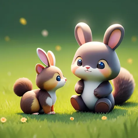 a little bear looking at a puppy in the distance、kitten、bunny、little squirrel 4 small animals picnicking on the grass。cartoon co...