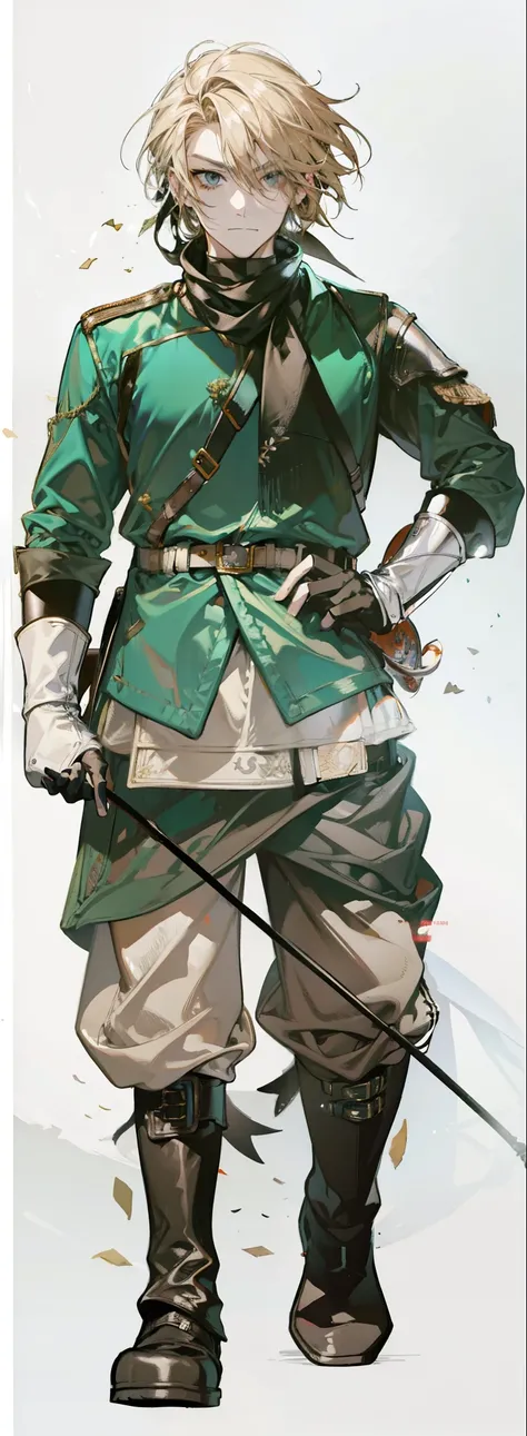 (Link:1)(Warrior:1), (adult man:1.33), standing, full body, leather combat boots, beige pants, black gloves , (narrow eyebrows:0.33), (confident:1.4), (smiling:0.4), (clenching fists:0.33), scarf, holding riding crop,male,confident,strong,tall, from_below,...