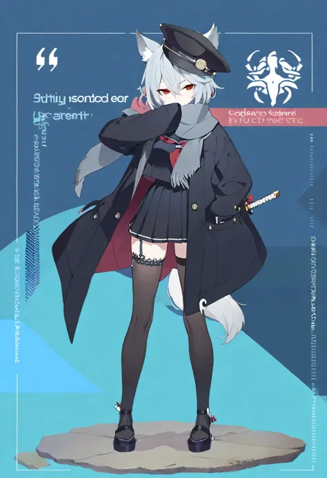 One Girl,whole body,Are standing,high school student,Concept Art,Grey Hair,Black long coat over sailor suit,Wearing a coat,Black muffler,Hiding your mouth with a scarf,Red eyes,Wolf Ears,Wolf Tail,cool,dark,Beauty,Stylish black sailor suit,Rin々Funny face,1...