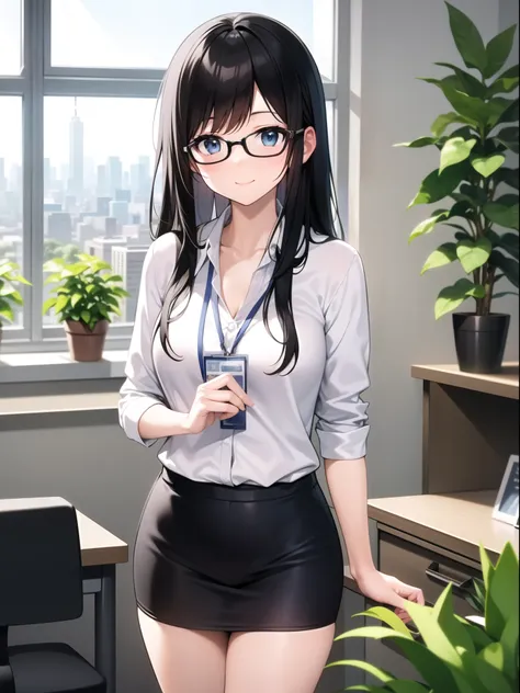 in an office environment、a young woman in a black business suit and white shirt is standing and smiling。she has long black hair、...