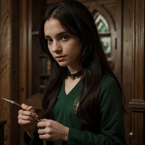 a girl from the Harry Potter series, lleva su uniforme de Hogwarts, de la casa Slytherin. Su cabello es negro y largo, sus ojos de color negro, pale skin, rasgos delicados y finos, lleva un collar con un dije de serpiente, he is pointing his wand.