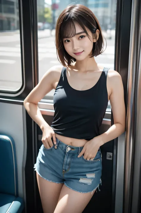 The beauty of 8K raw photos:2.0, Japanese woman, short hair, beautiful face and dark eyes, looking down, looking at the viewer:1.5, big smile, wet hair, tiny top, put hands on the hip, (tank top, blue shorts:1.2), shinny skin, realistic:1.9, very detailed,...